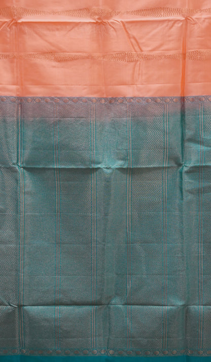 Pure Soft Silk Saree 1  1/2 Warp - Peach - Teal Blue