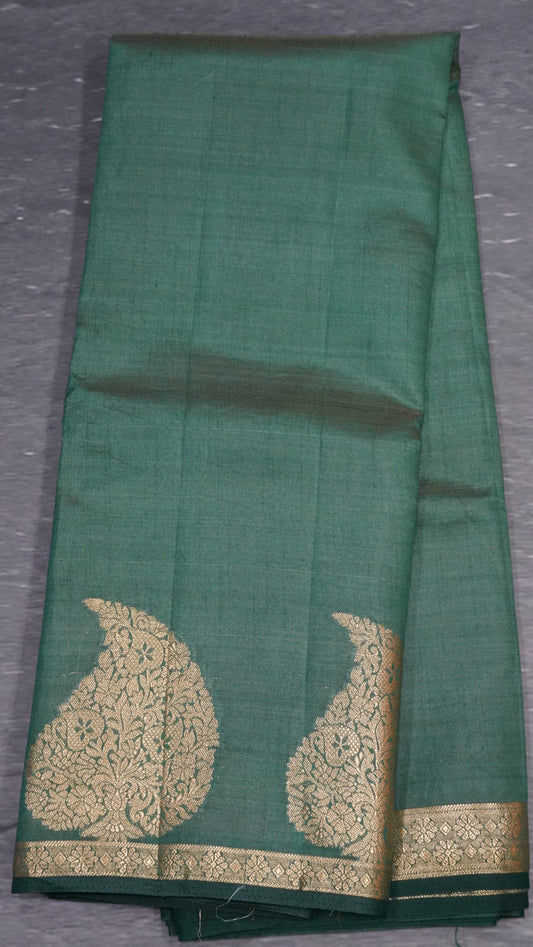 Semi Tussar Saree-Bottle Green Leaf Butta