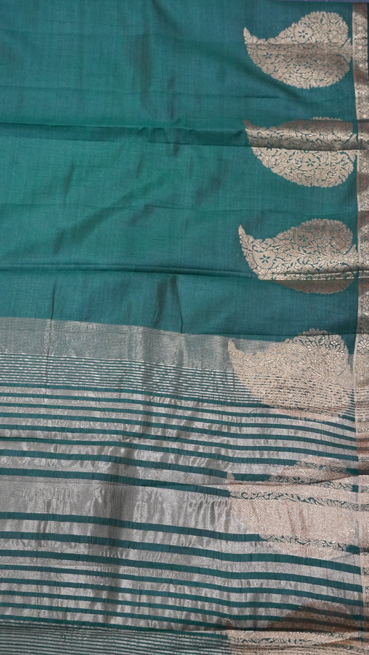 Semi Tussar Saree-Bottle Green Leaf Butta