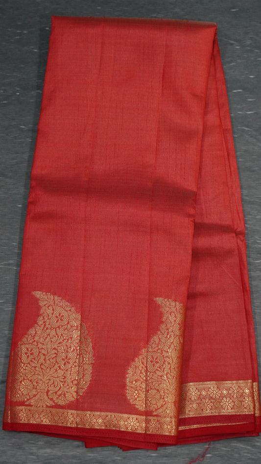 Semi Tussar Saree-Red Leaf Butta