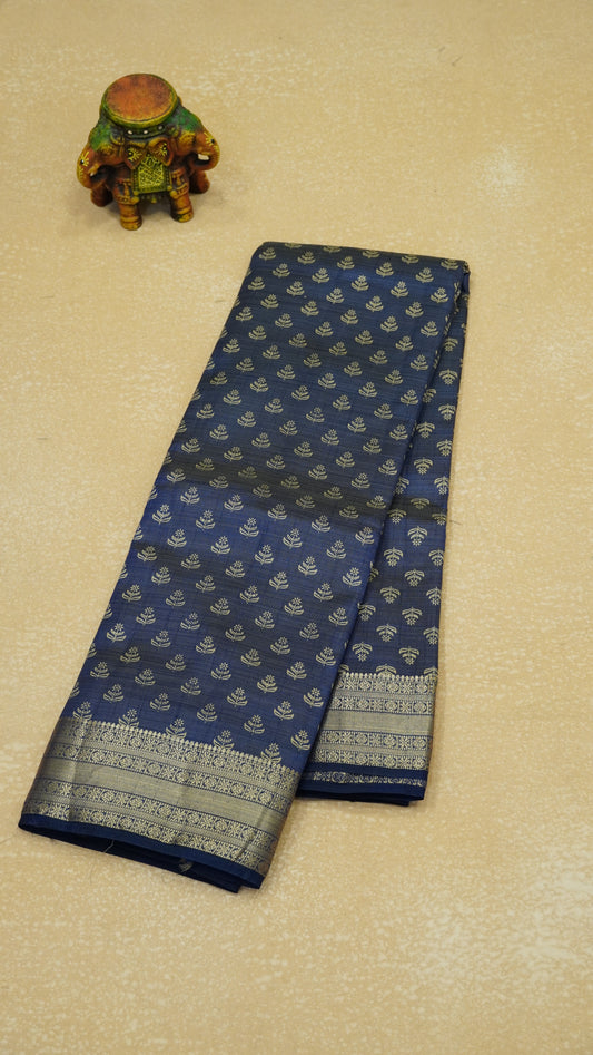 Semi Tussar Saree with Flower Butta - Navy Blue