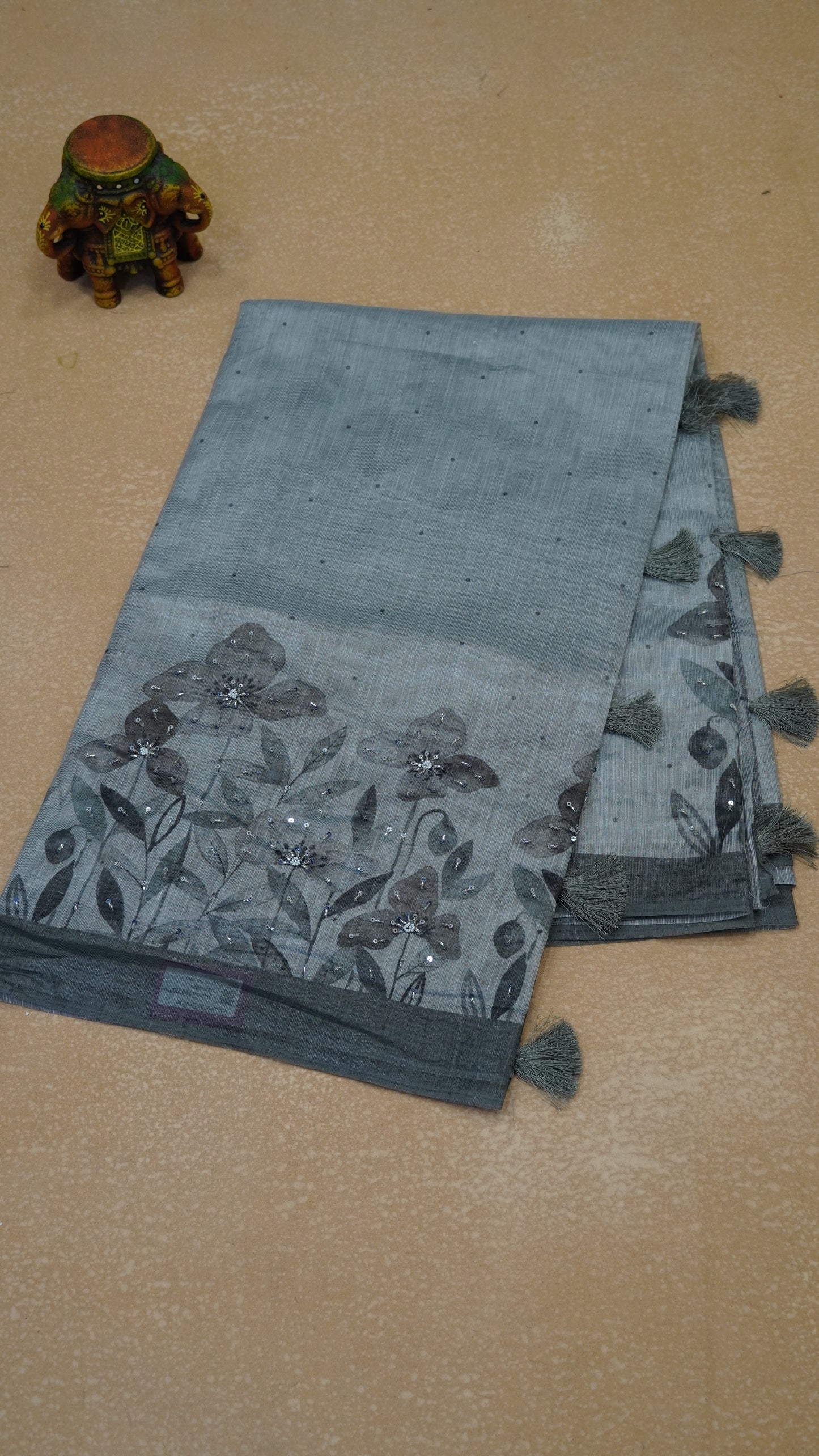 Chanderi Saree Tissue Floral Print - Grey