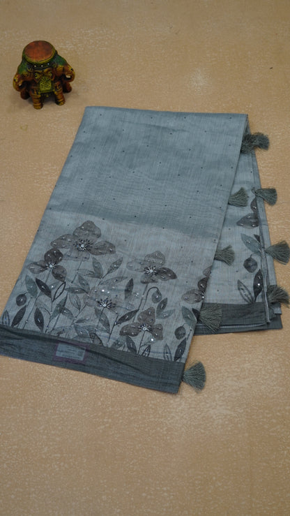 Chanderi Saree Tissue Floral Print - Grey