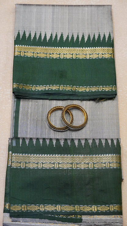 Pure Dupion Silk Saree - Beige-Green Tower Border