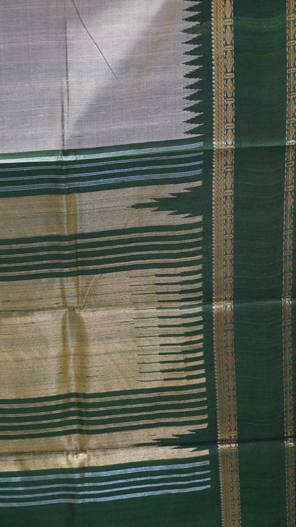 Pure Dupion Silk Saree - Beige-Green Tower Border