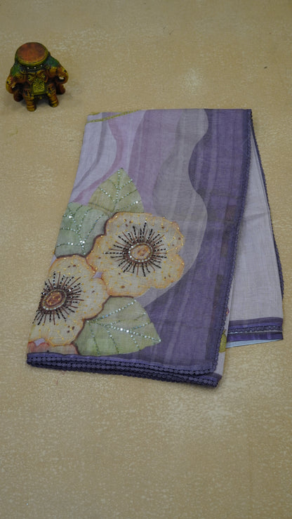 Tissue Linen Saree Floral - Purple