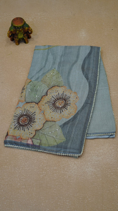 Tissue Linen Saree Floral - Grey