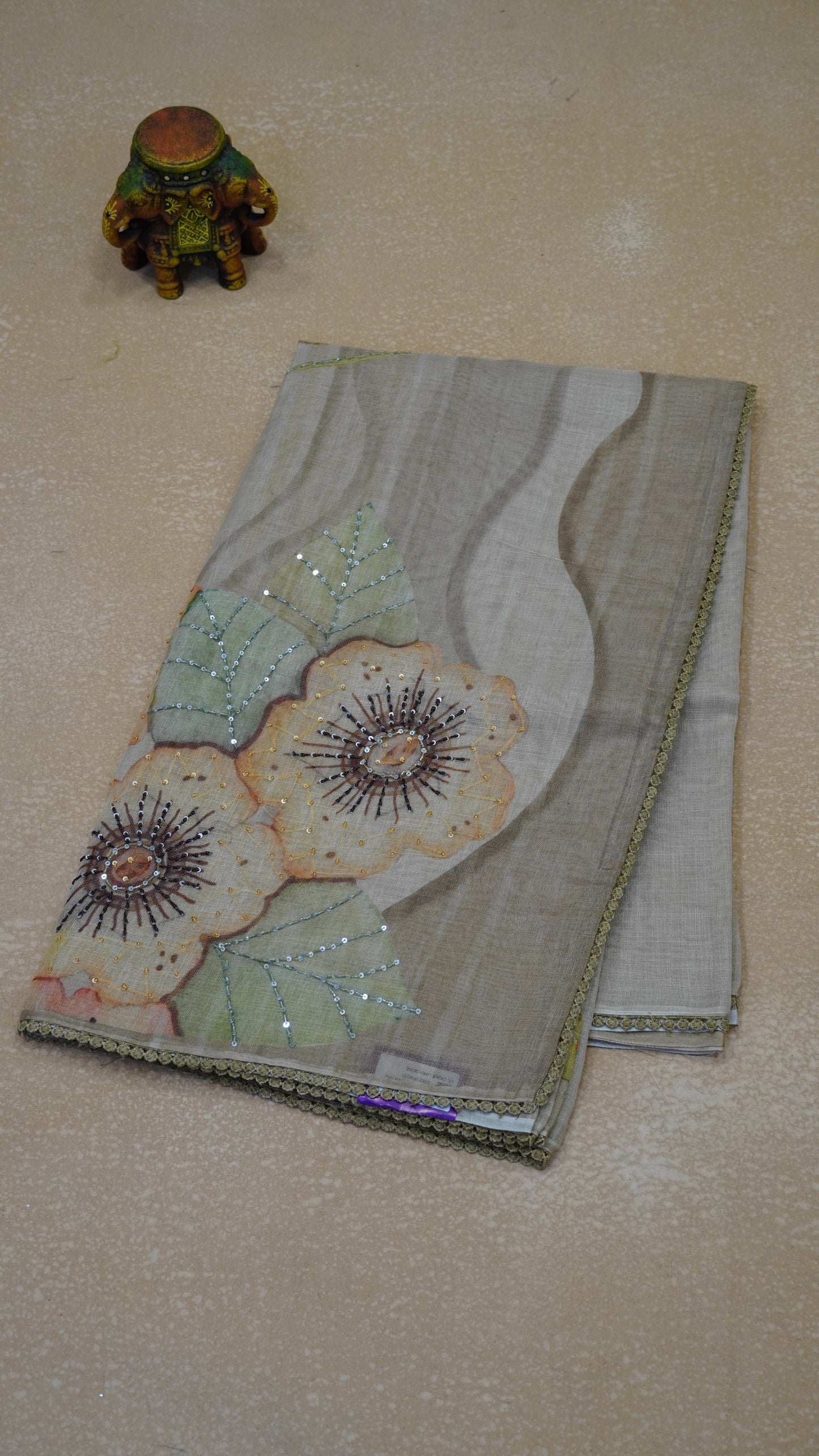 Tissue Linen Saree Floral - Beige