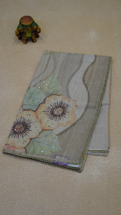 Tissue Linen Saree Floral - Beige