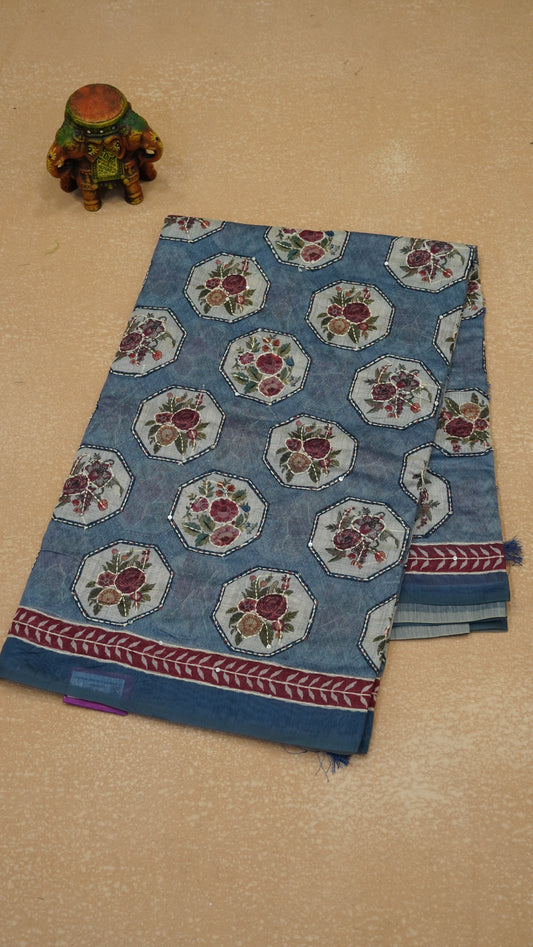 Chanderi Saree Kantha Work - Blue