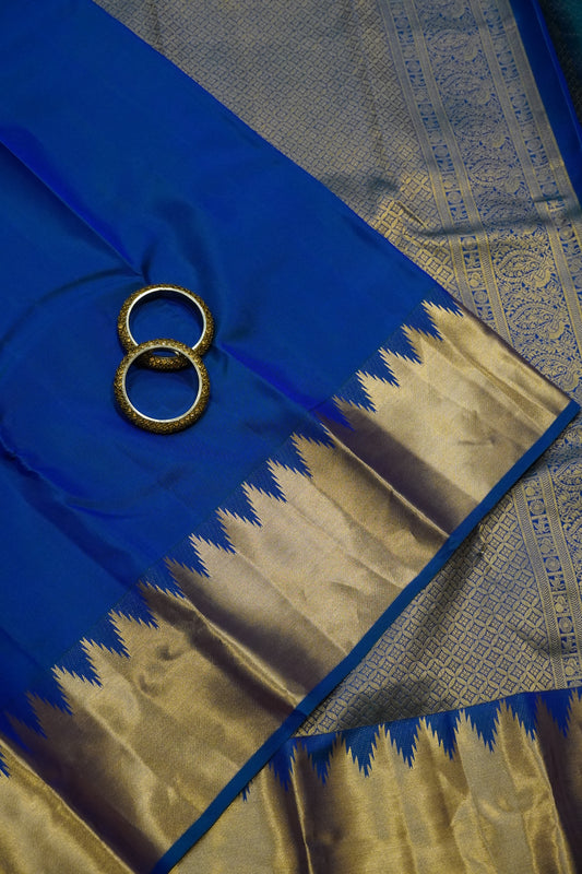 Pure Kanjivaram Silk Saree - Temple Border Peacock Blue