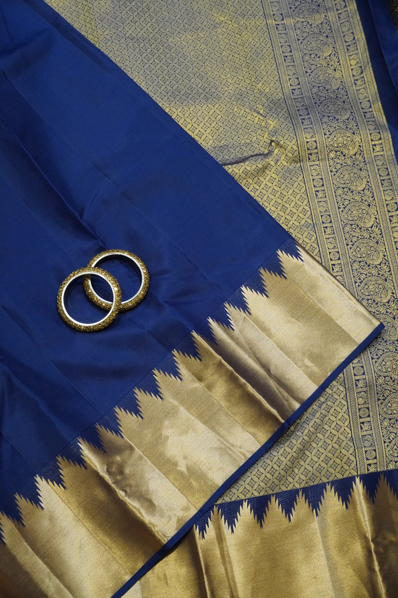 Pure Kanchipuram Silk Saree - Temple Border Navy Blue