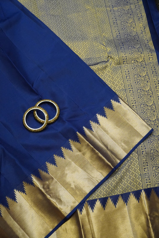Pure Kanjivaram Silk Saree - Temple Border Navy Blue