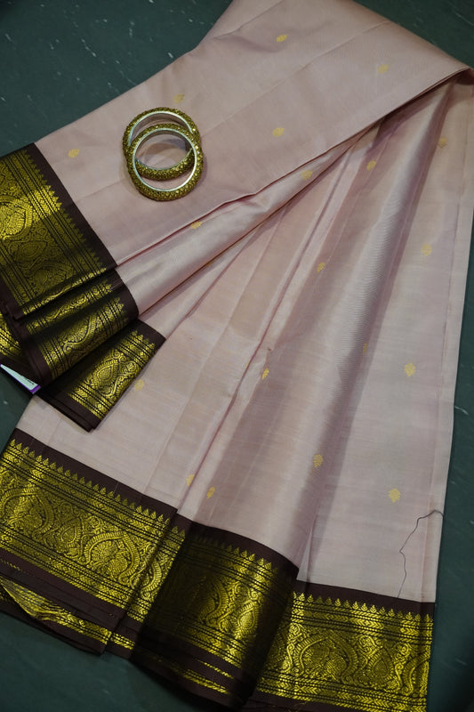 Pure Kanjivaram Silk Saree - Baby Pink- Brown