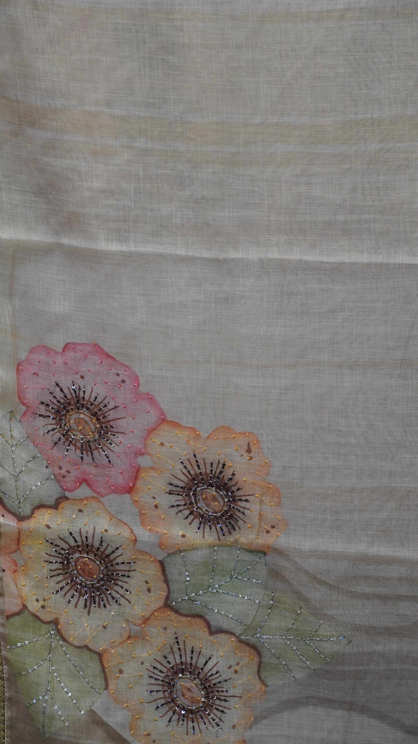 Tissue Linen Saree Floral - Beige