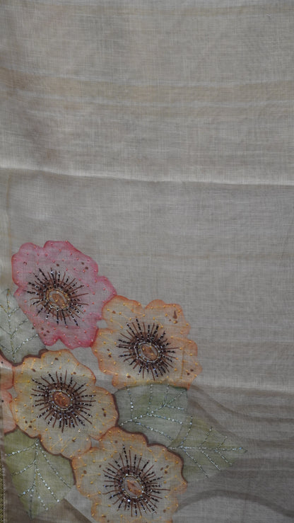 Tissue Linen Saree Floral - Beige