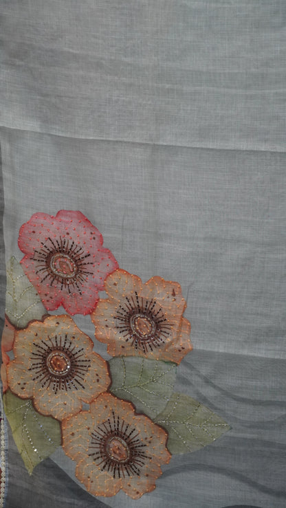Tissue Linen Saree Floral - Grey