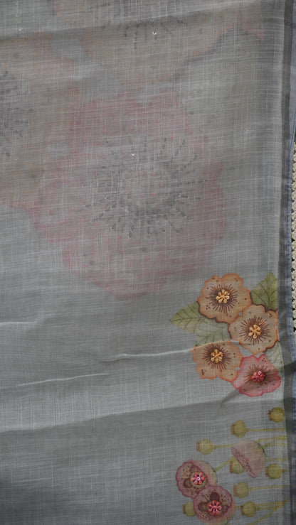Tissue Linen Saree Floral - Grey