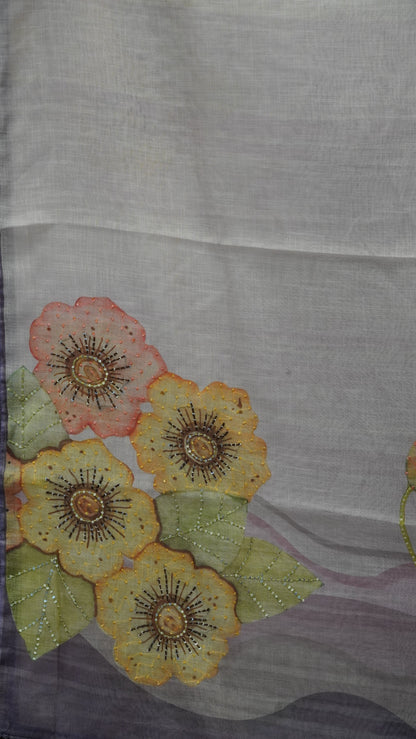 Tissue Linen Saree Floral - Purple