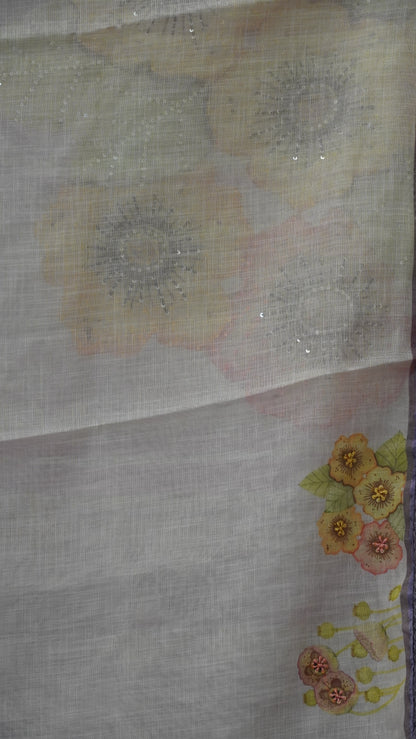 Tissue Linen Saree Floral - Purple