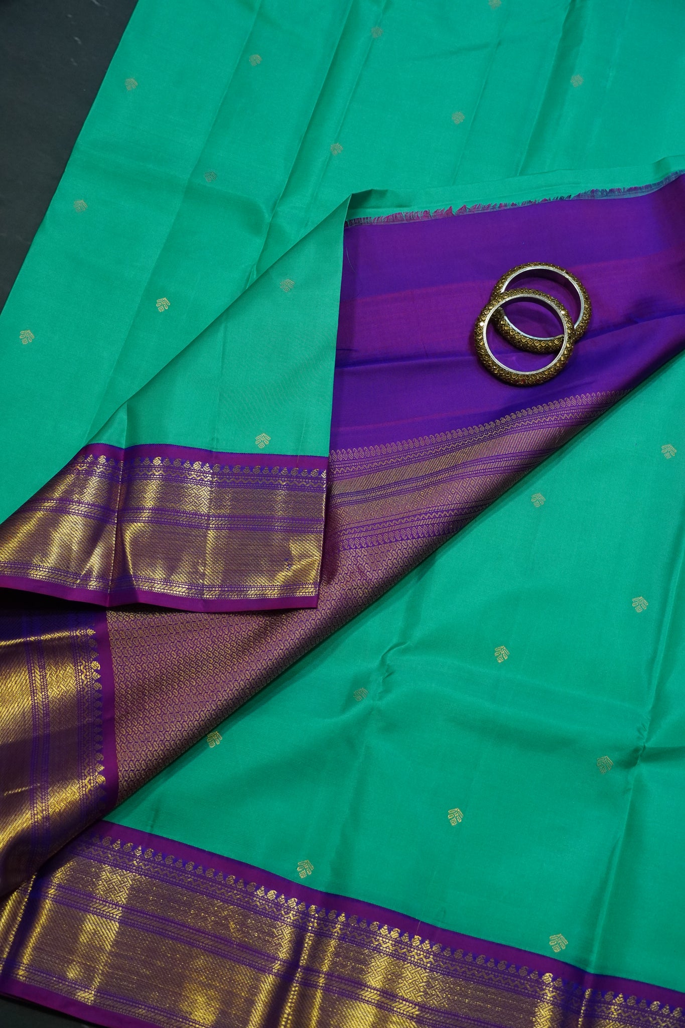 Pure Kanchipuram Silk Saree -Teal Green-Purple
