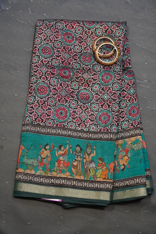 Mal Chanderi Saree - Peacock Green