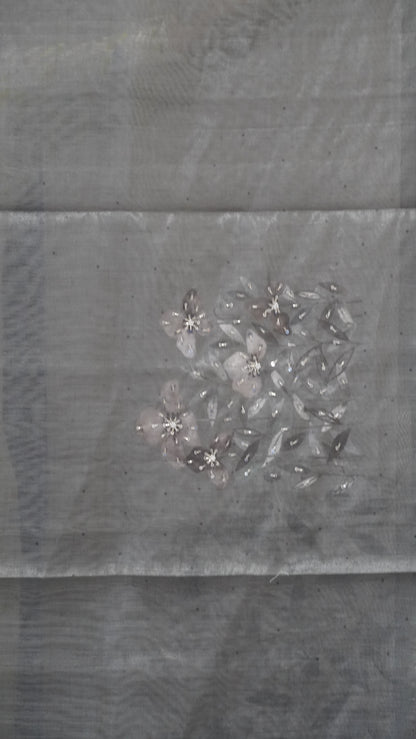 Chanderi Saree Tissue Floral Print - Grey