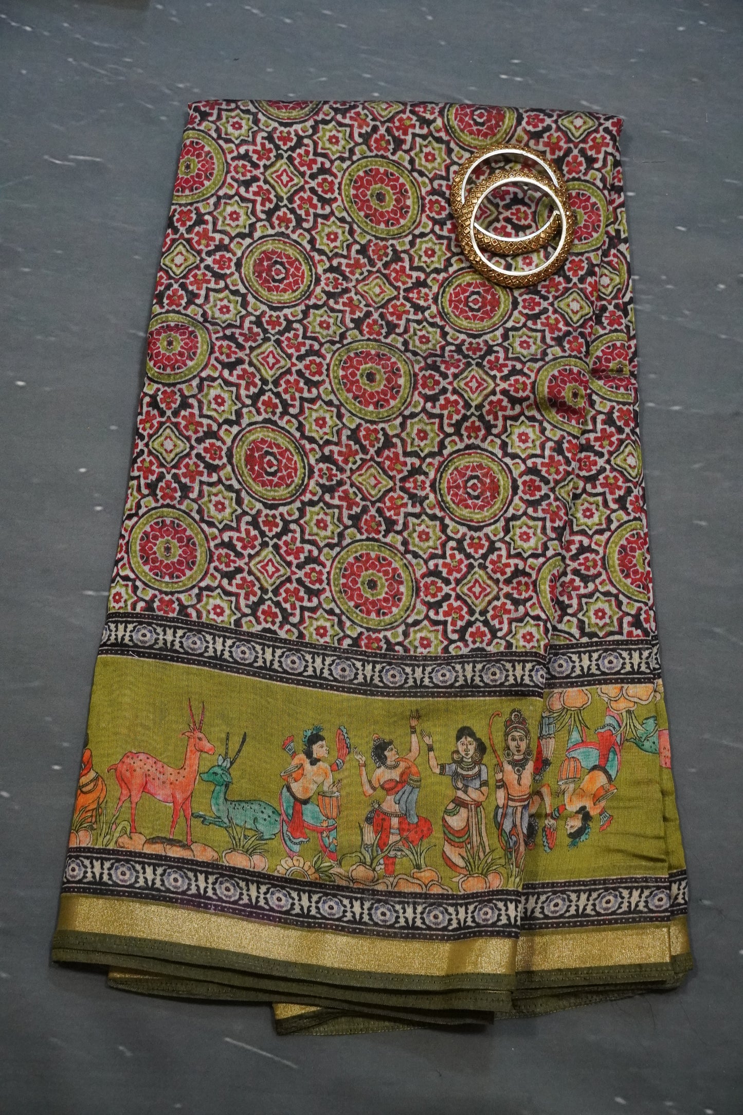 Mal Chanderi Saree - Olive Green