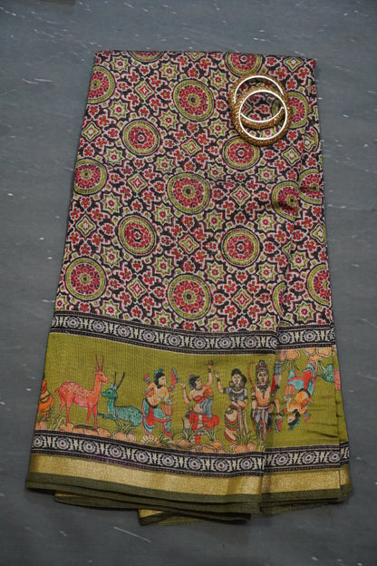 Mal Chanderi Saree - Olive Green