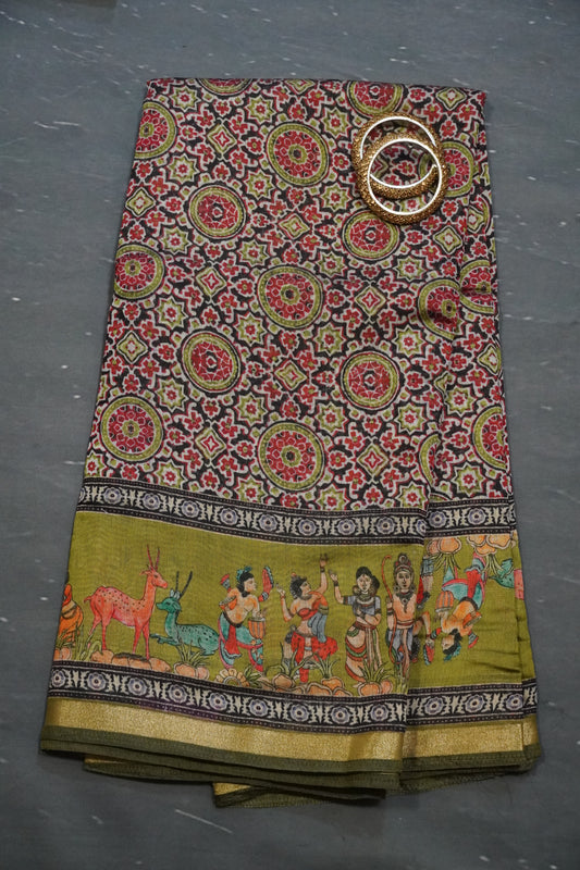 Mal Chanderi Saree - Olive Green