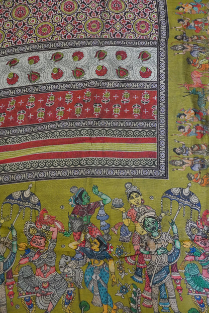 Mal Chanderi Saree - Olive Green