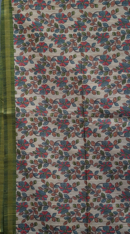 Semi Tussar Saree Bandhini Print & Kalamkari - Green