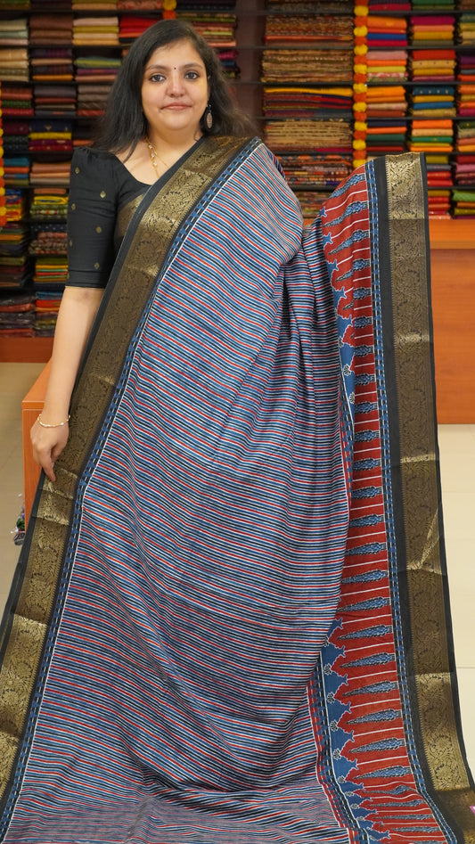 Shiffon Saree Ajrakh Print - Blue to Maroon