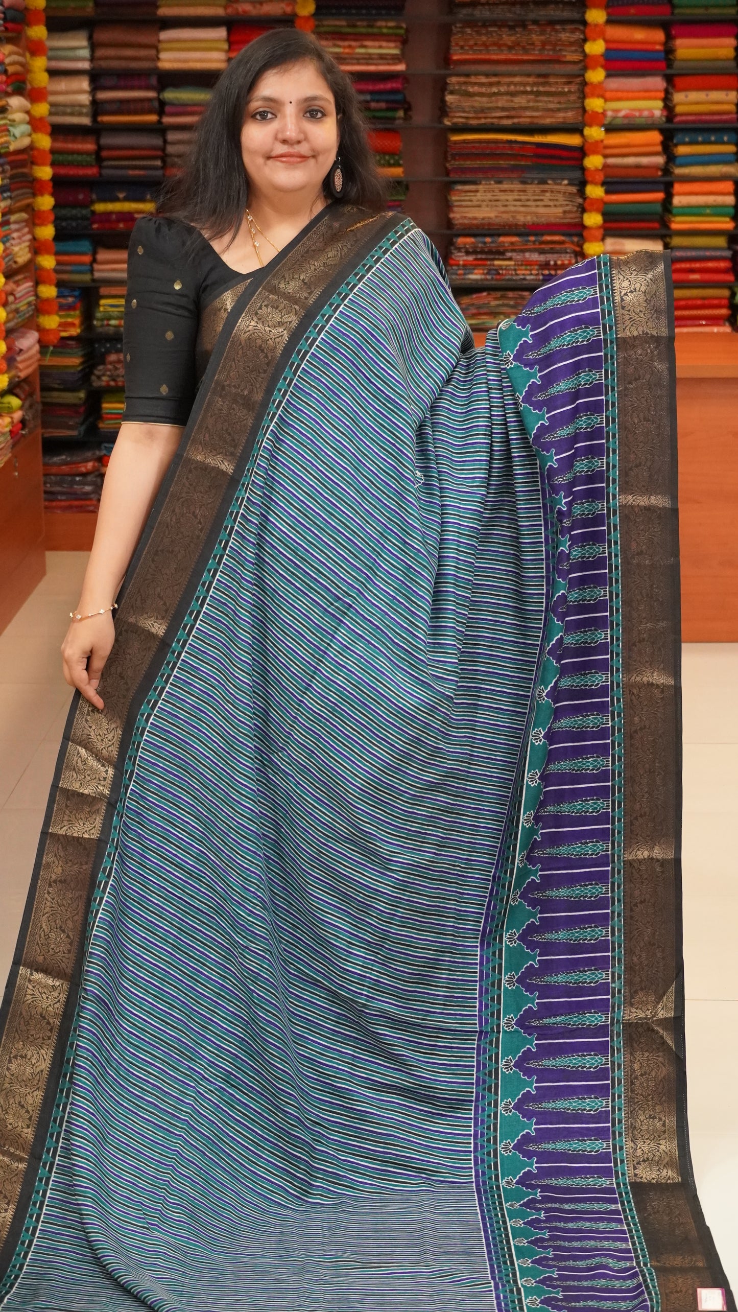 Shiffon Saree Ajrakh Print - Green to Blue