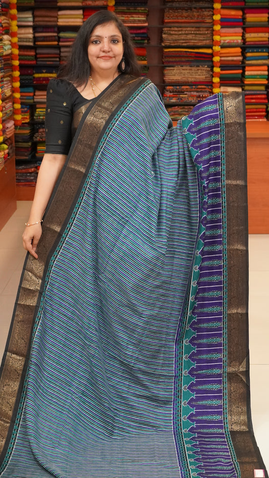 Shiffon Saree Ajrakh Print - Green to Blue