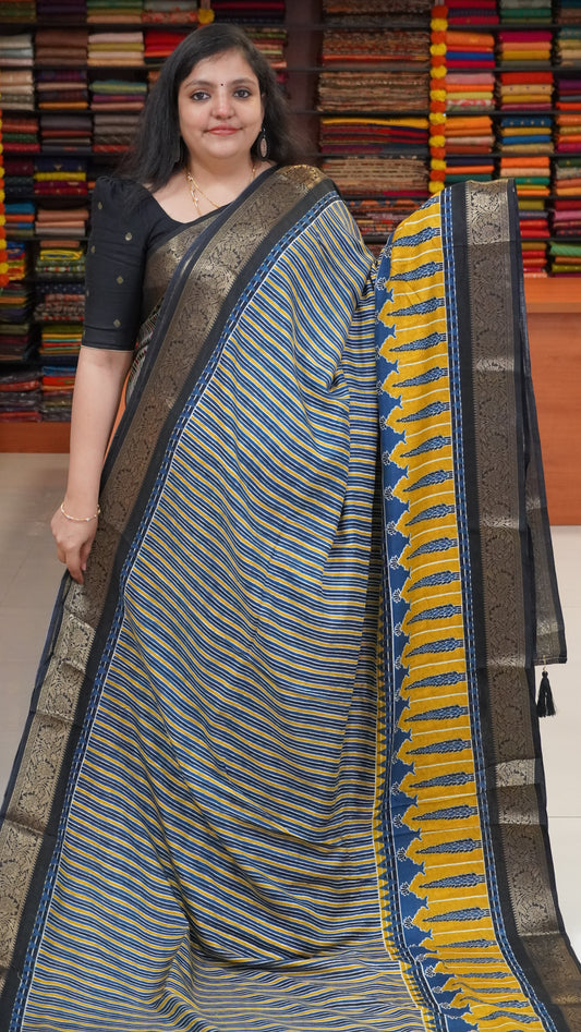 Shiffon Saree Ajrakh Print - Blue to Mustard