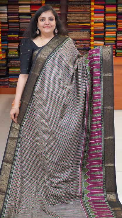 Shiffon Saree Ajrakh Print - Green to Purple