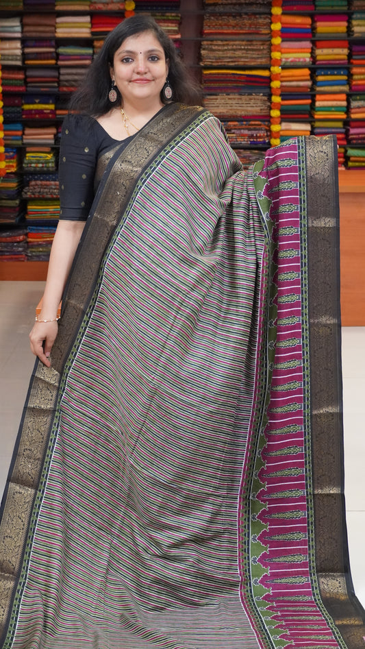 Shiffon Saree Ajrakh Print - Green to Purple