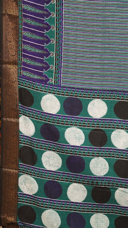 Shiffon Saree Ajrakh Print - Green to Blue