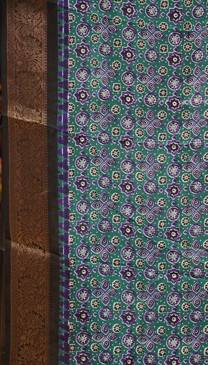 Shiffon Saree Ajrakh Print - Green to Blue