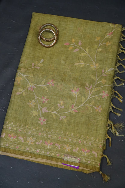 Tissue Linen Saree - Floral Kutch work - Green