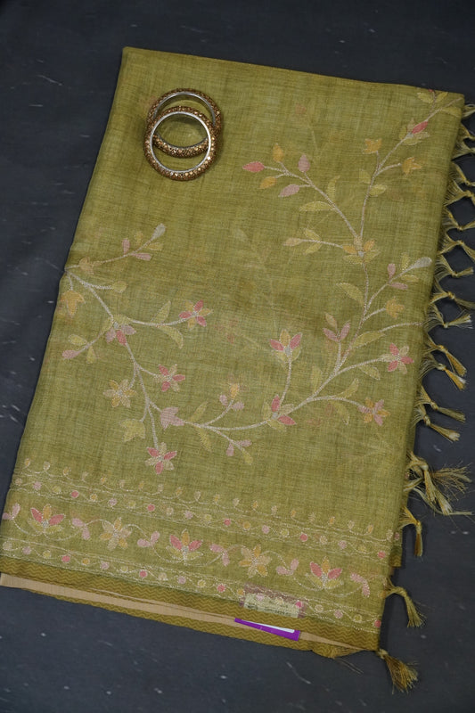 Tissue Linen Saree - Floral Kutch work - Green