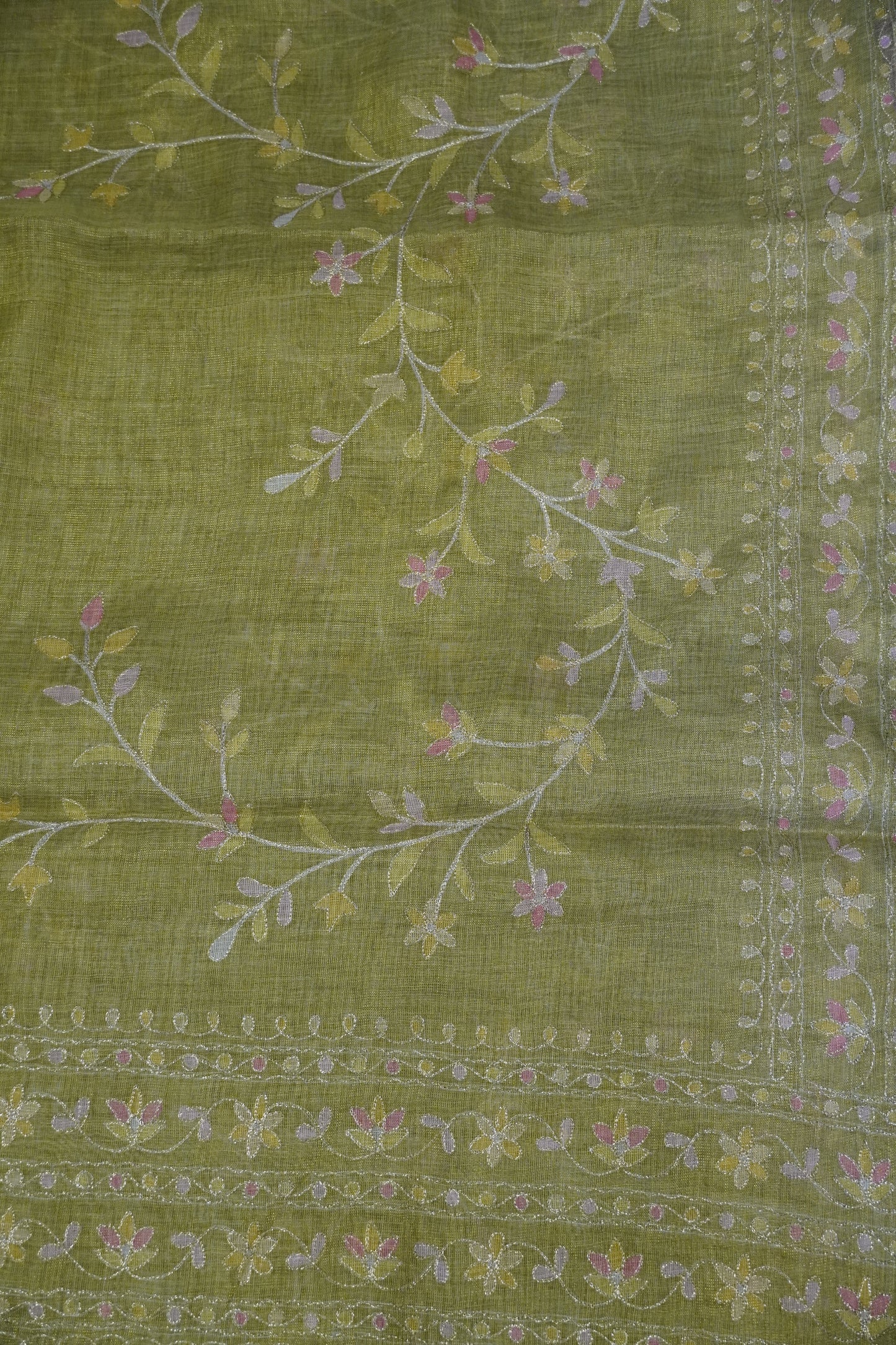 Tissue Linen Saree - Floral Kutch work - Green