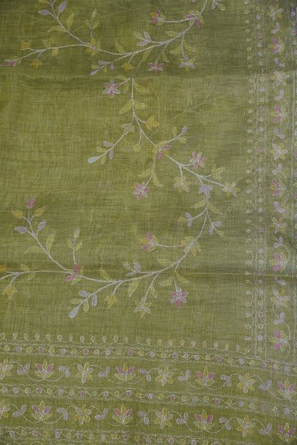 Tissue Linen Saree - Floral Kutch work - Green