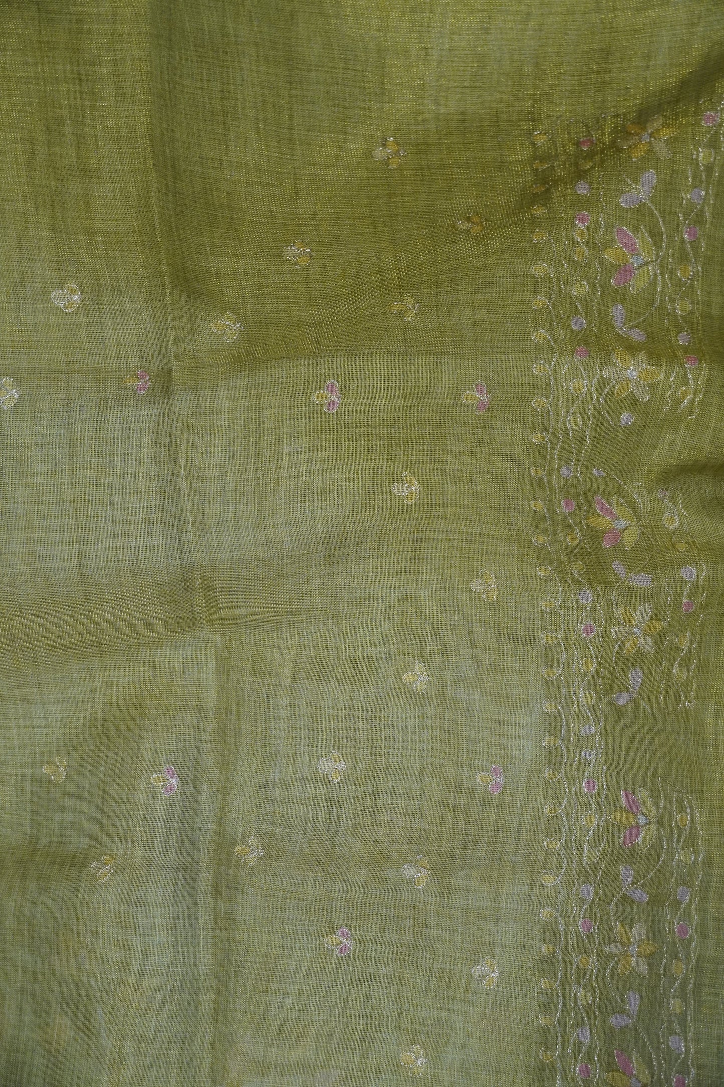 Tissue Linen Saree - Floral Kutch work - Green