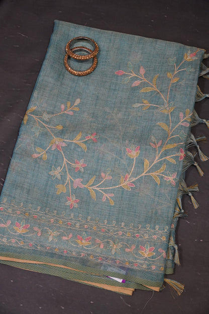 Tissue Linen Saree - Floral Kutch work - Blue