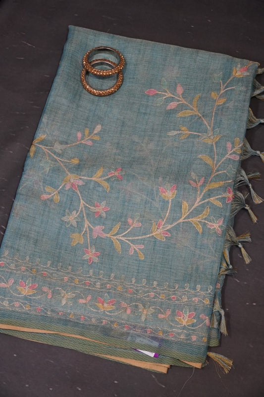 Tissue Linen Saree - Floral Kutch work - Blue