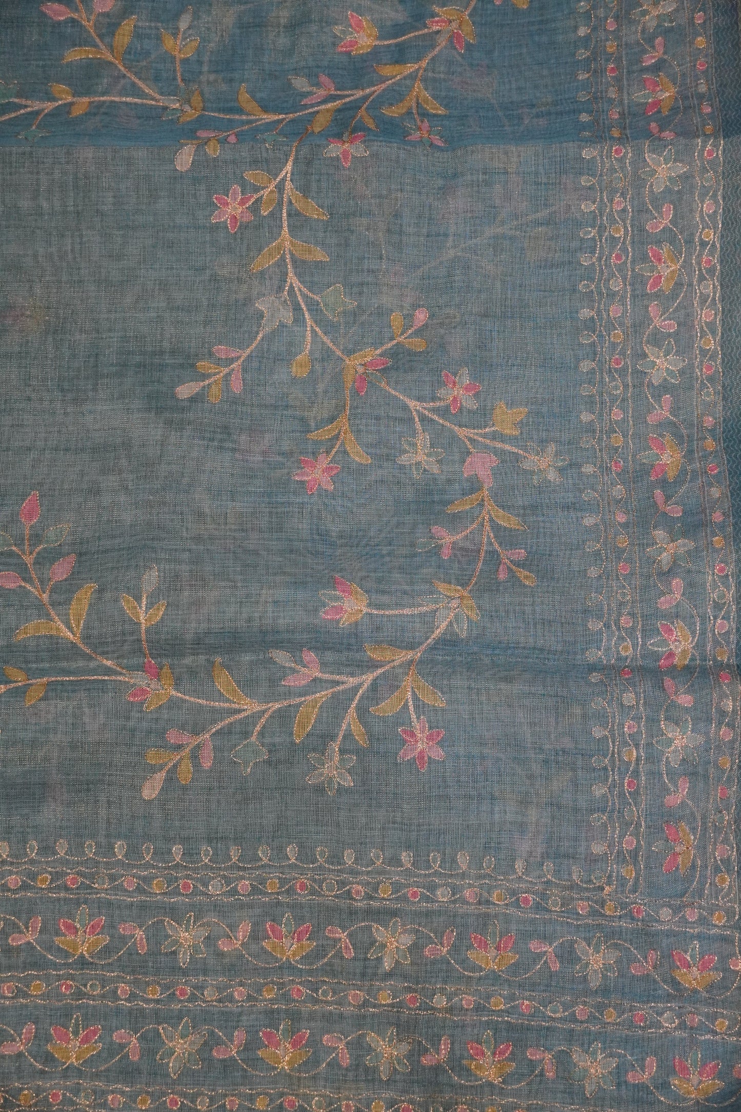 Tissue Linen Saree - Floral Kutch work - Blue