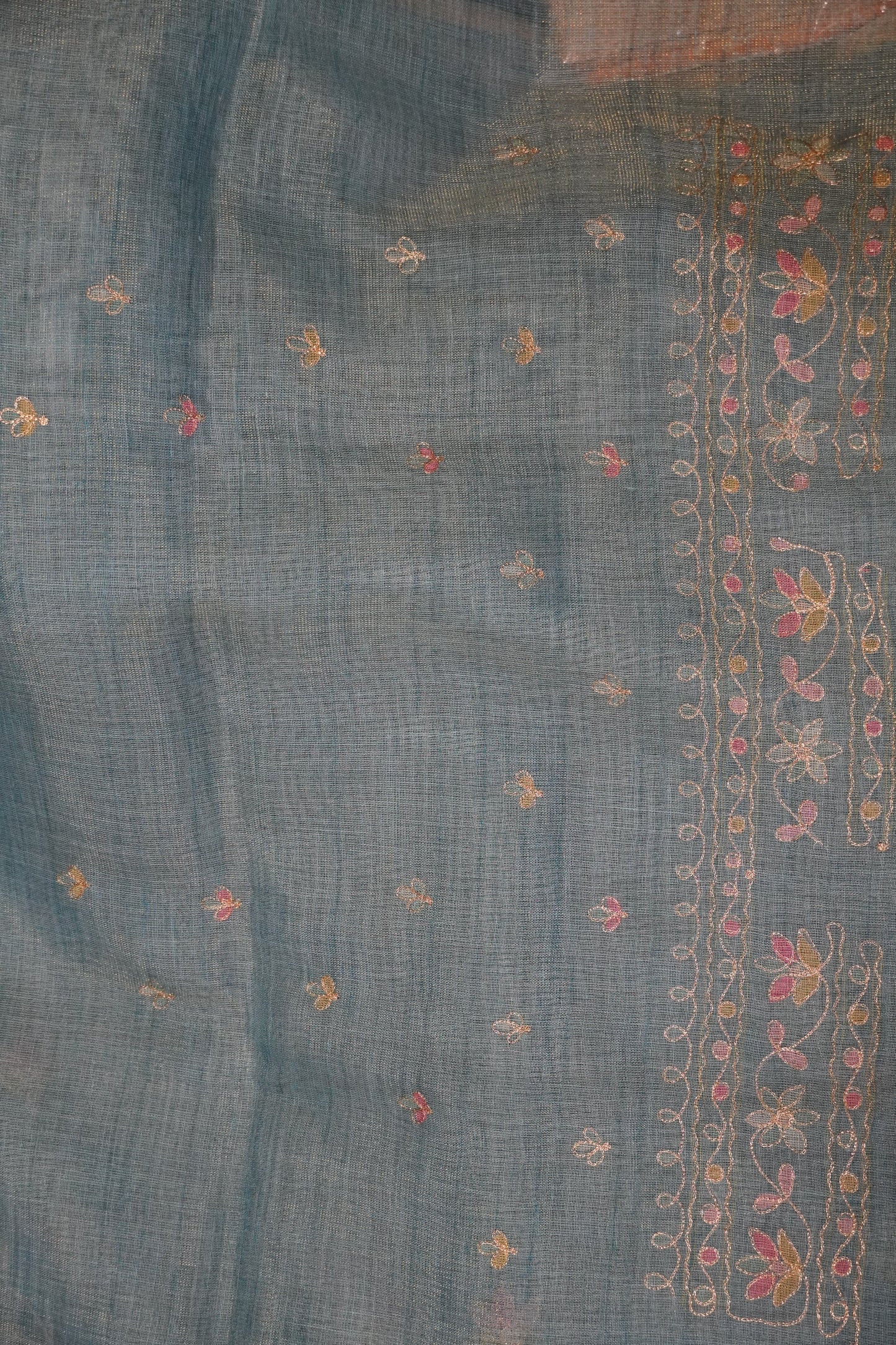 Tissue Linen Saree - Floral Kutch work - Blue