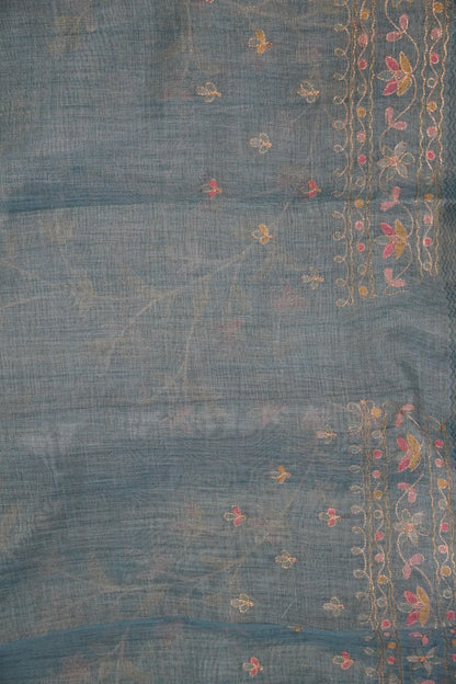 Tissue Linen Saree - Floral Kutch work - Blue